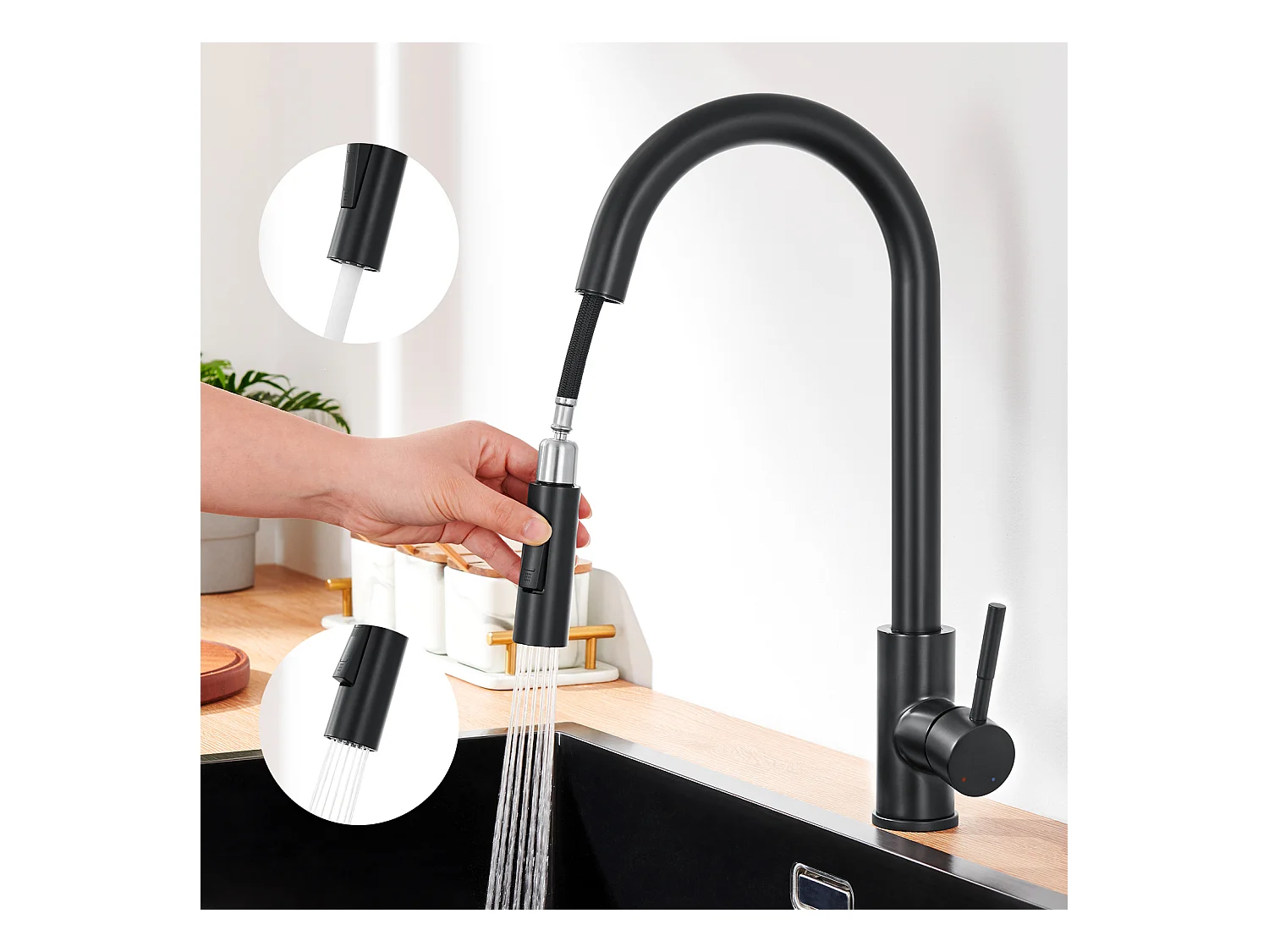 Mezclador de cocina NOir con Ducha Extraíble Giratoria 360 ° de Acero Inoxidable Grifo Cocina Fregadero 2 Funciones Mezclador de Cocina