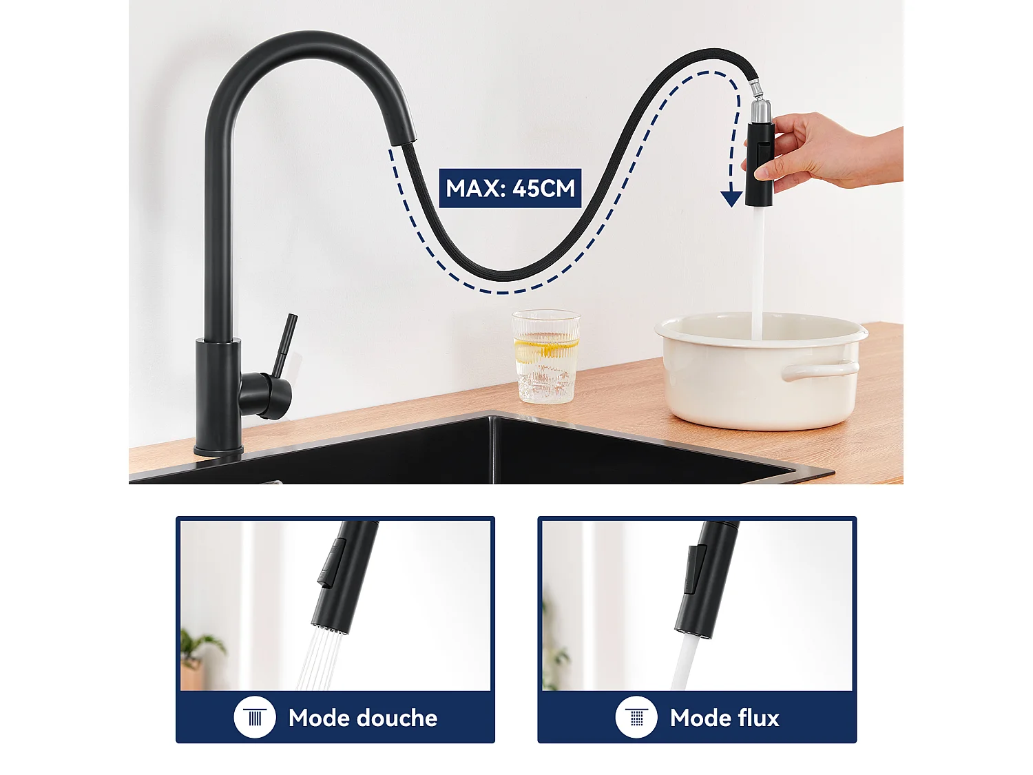 Mezclador de cocina NOir con Ducha Extraíble Giratoria 360 ° de Acero Inoxidable Grifo Cocina Fregadero 2 Funciones Mezclador de Cocina