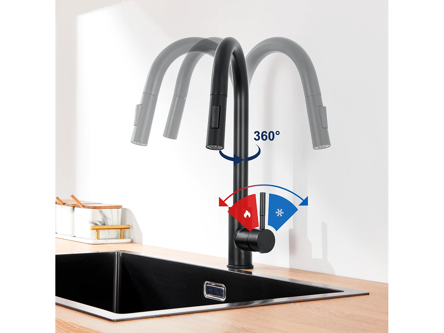 Mitigeur de Cuisine Noir avec Douchette Extractible Rotatif à 360 ° en Acier Inoxydable Robinet Cuisine d'Évier 2 Fonctions Mélangeur deCuisine