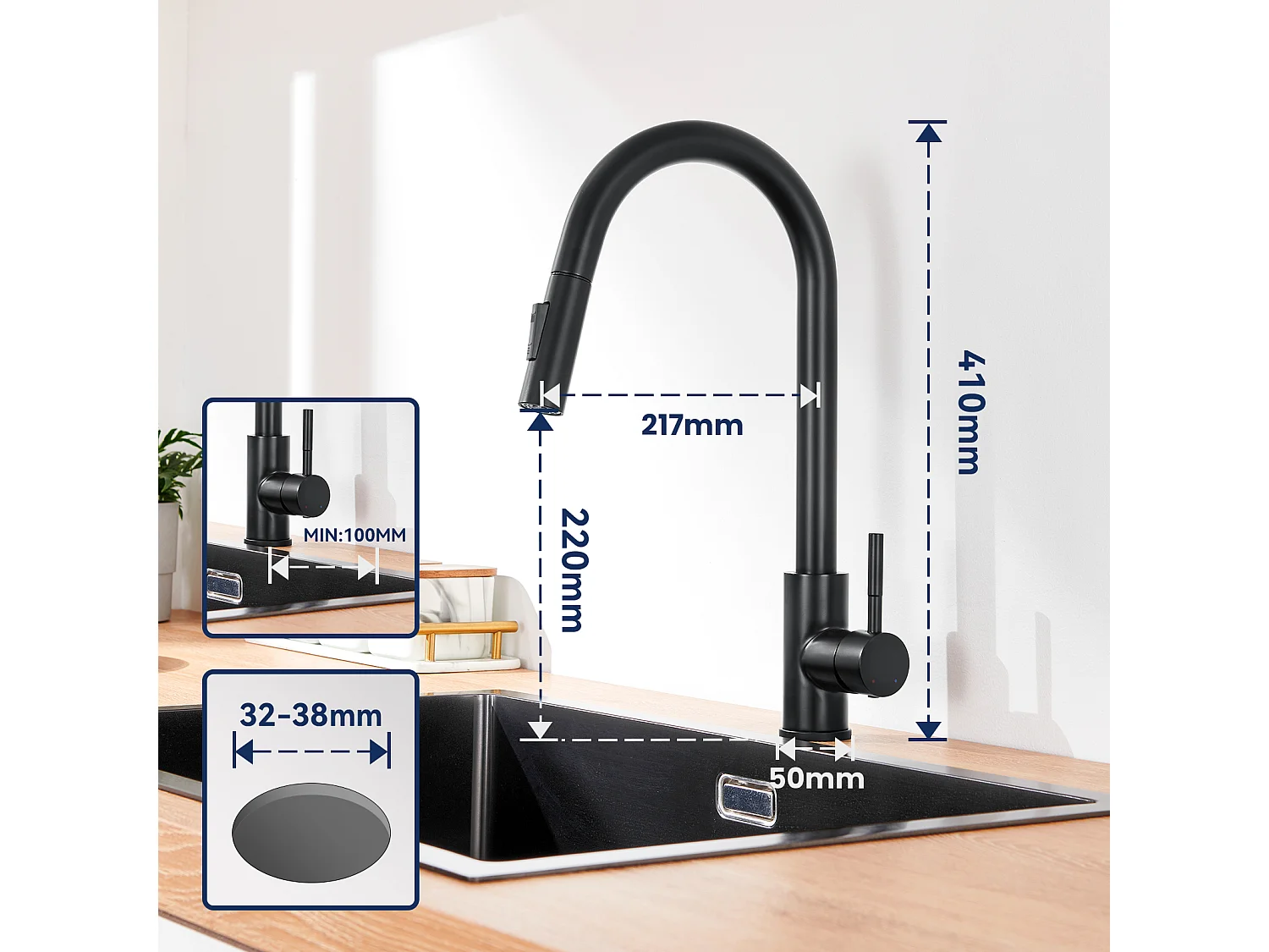 Mitigeur de Cuisine Noir avec Douchette Extractible Rotatif à 360 ° en Acier Inoxydable Robinet Cuisine d'Évier 2 Fonctions Mélangeur deCuisine