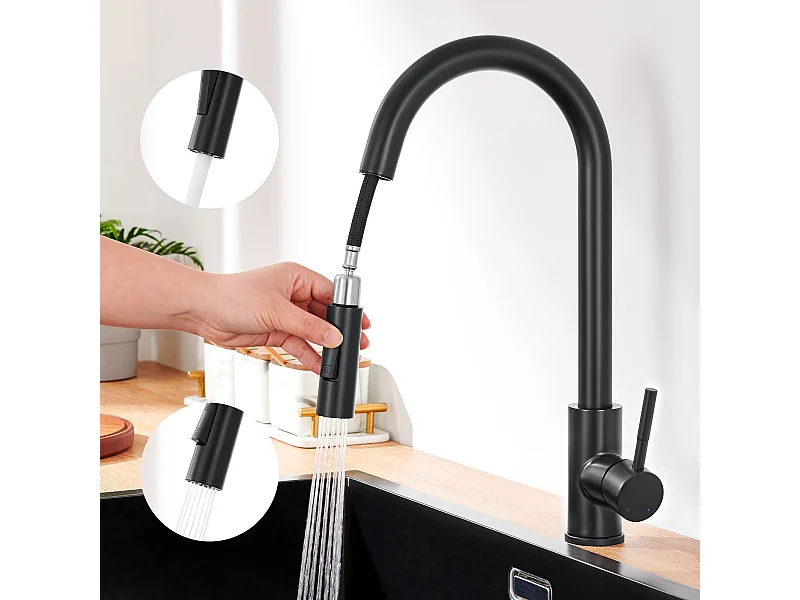 Mitigeur de Cuisine Noir avec Douchette Extractible Rotatif à 360 ° en Acier Inoxydable Robinet Cuisine d'Évier 2 Fonctions Mélangeur deCuisine