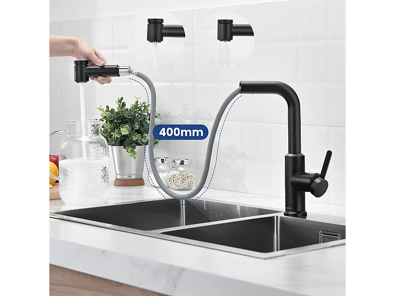 Cecipa max Ausziehbarer Küchenmischhahn - 2-Strahl 360 Grad drehbarer Küchenhahn - Spültischarmatur mit schwarzem Sprüher, EU-Modell