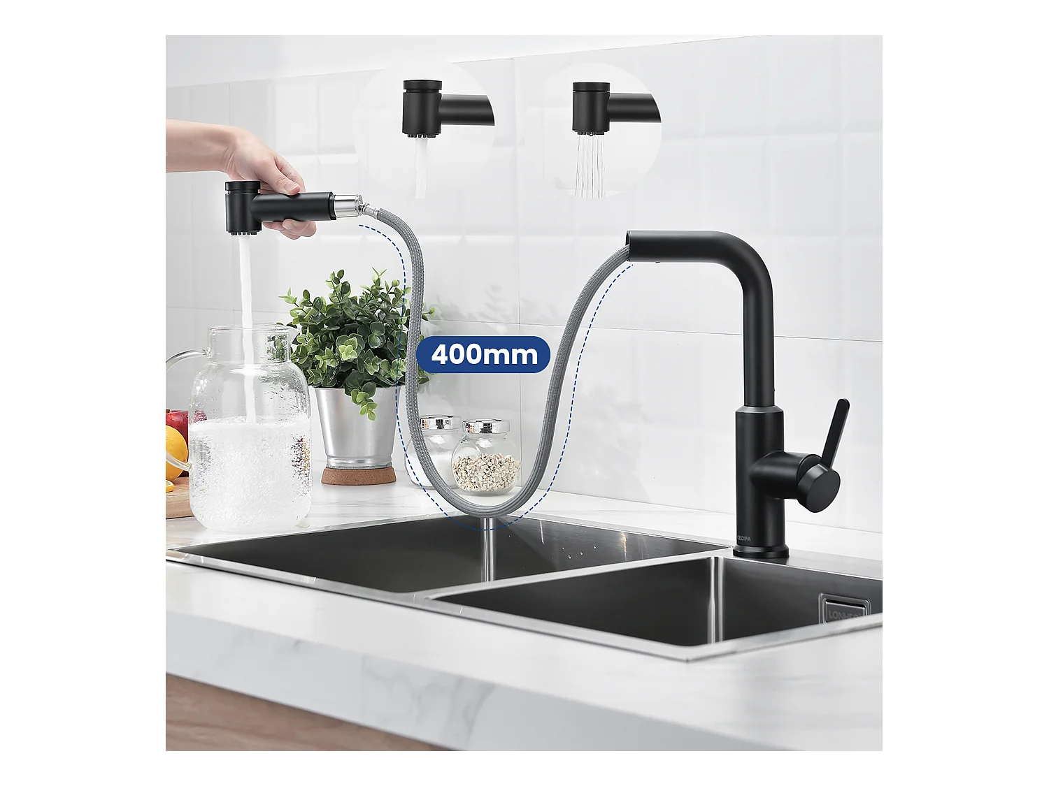 Cecipa max Mitigeur de Cuisine Extractible - Robinet Cuisine à 2 Jets 360 Rotatif - Mitigeur Evier avec Douchette Noir,EU Modèle