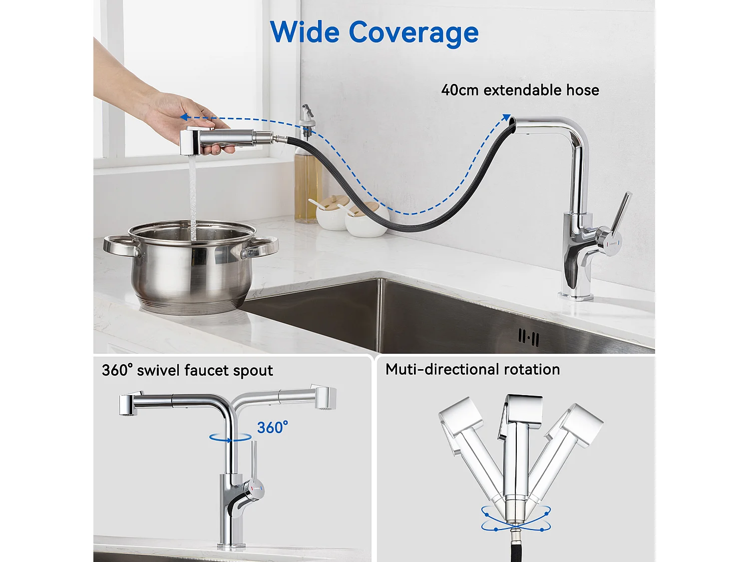 Küchenmischbatterie, Lonheo Max Ausziehbarer Küchenhahn, 360° Drehbarer Küchenspülenmischhahn, 2 Sprühmodi, EU-Modell