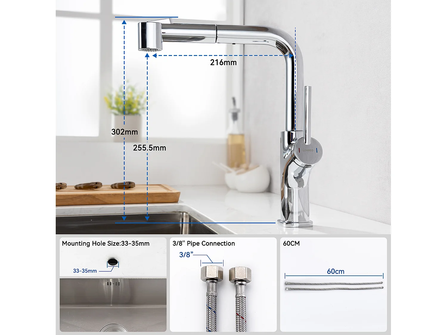 Küchenmischbatterie, Lonheo Max Ausziehbarer Küchenhahn, 360° Drehbarer Küchenspülenmischhahn, 2 Sprühmodi, EU-Modell
