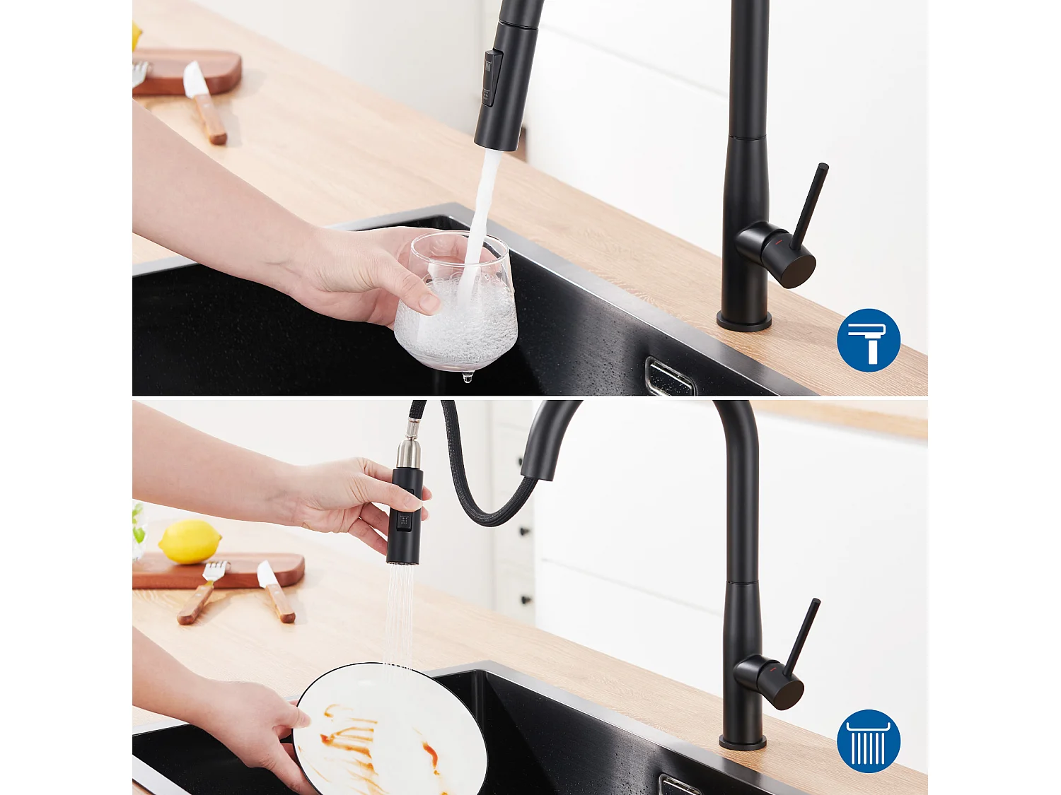 2PCS AURALUMMAX Mitigeur Cuisine,Robinet d'Évier Inox avec Douchette Extractible,2 Modes Jets Eau Froide/Chaude Rotatif 360 degré,Bec en Forme U,Noir