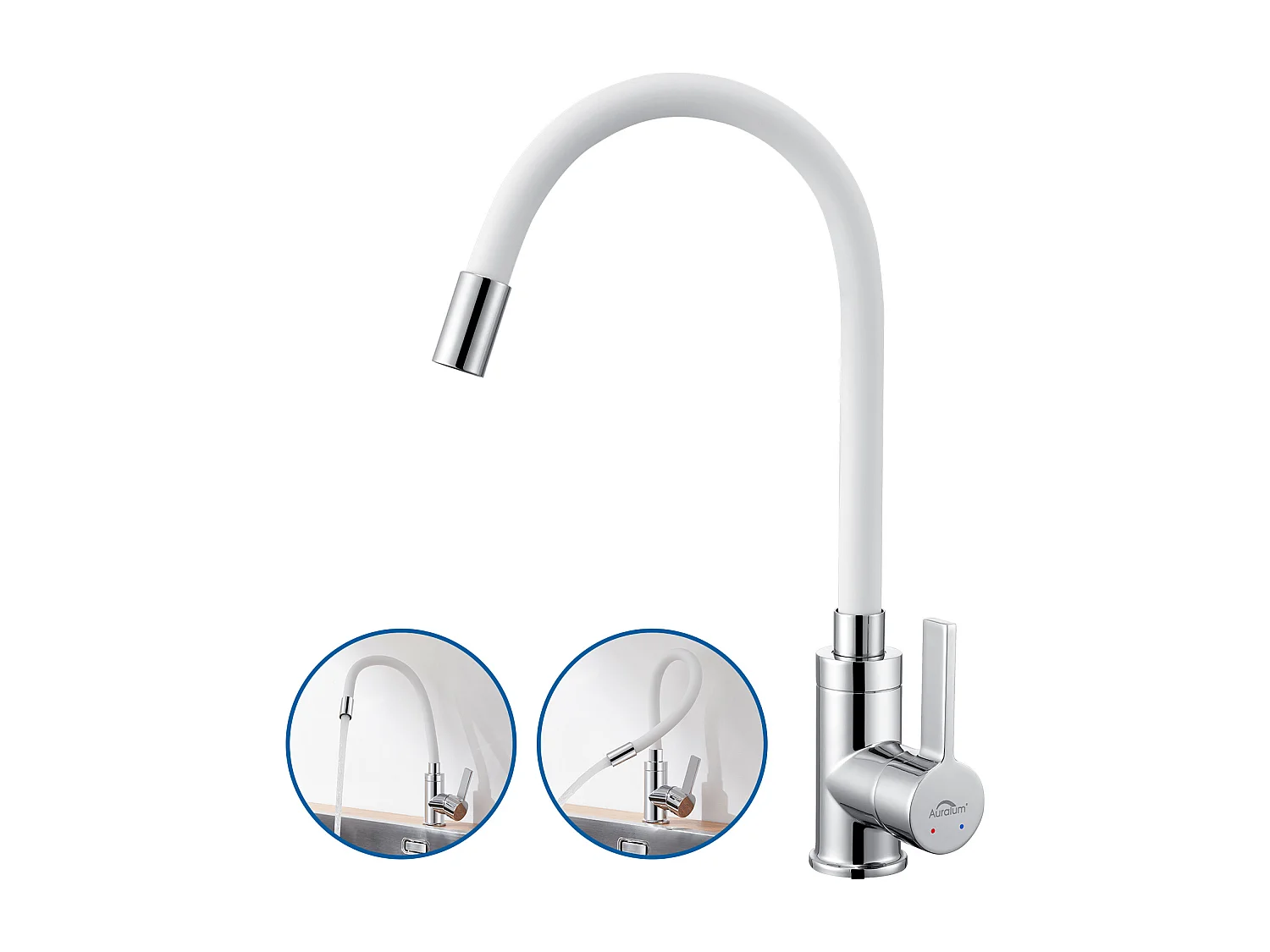 Mezclador Cocina AuraLum Max Blanco Flexible Boca Alta Orientable Libremente Grifo Fregadero Latón Grifo Fregadero Agua Caliente y Fría,Modelo UE