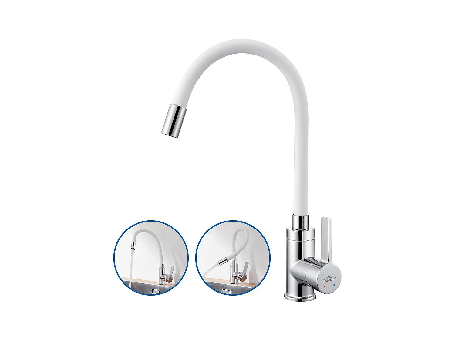 Mitigeur Cuisine AuraLum Max Blanc Flexible Bec Haut Orientable Librement Robinet Évier Laiton Robinet Evier Monotrou à Eau Chaude/ Froide,EU Modèle