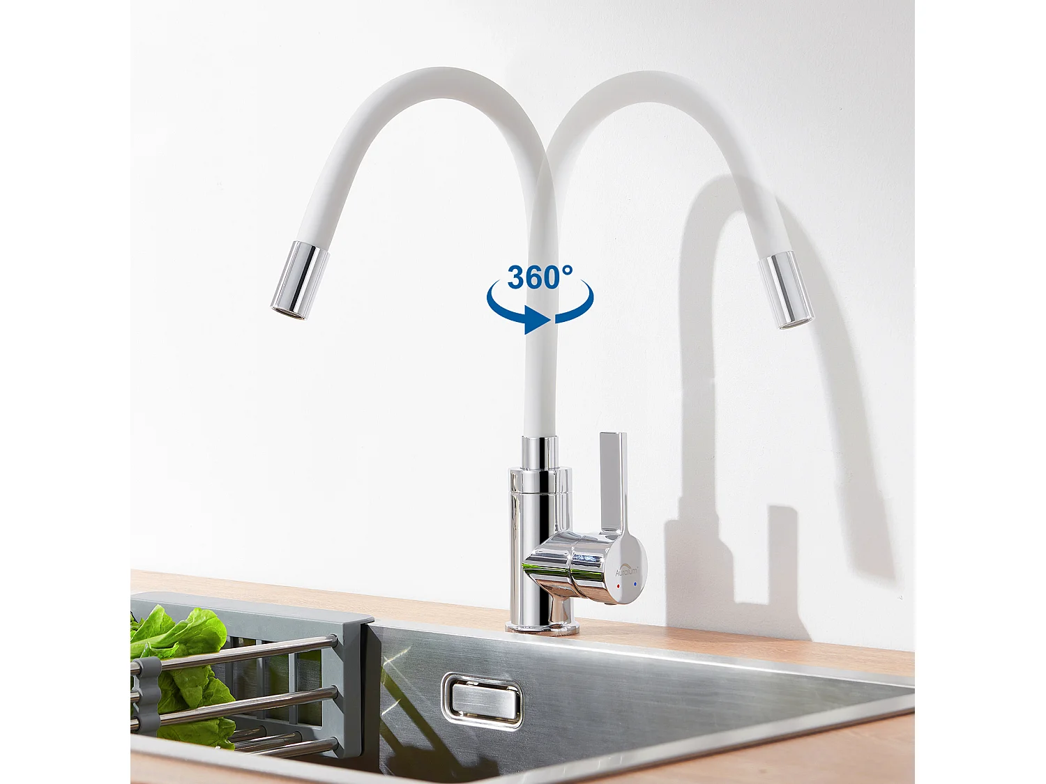 Mitigeur Cuisine AuraLum Max Blanc Flexible Bec Haut Orientable Librement Robinet Évier Laiton Robinet Evier Monotrou à Eau Chaude/ Froide,EU Modèle