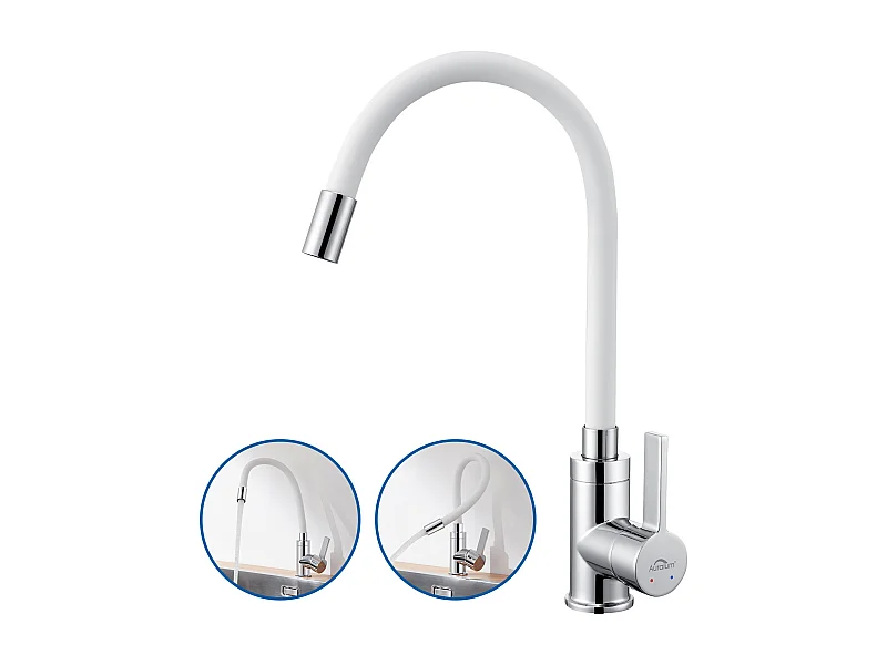 Mitigeur Cuisine AuraLum Max Blanc Flexible Bec Haut Orientable Librement Robinet Évier Laiton Robinet Evier Monotrou à Eau Chaude/ Froide,EU Modèle