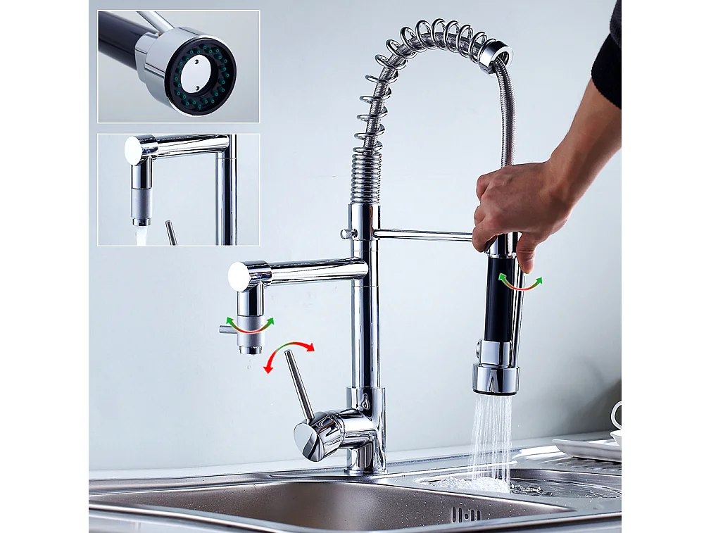 Verchroomde keukenmengkraan, uittrekbare douchekop met twee stralen keukenkraan flexibele hoge uitloop messing gootsteenkraan, koud/warm water