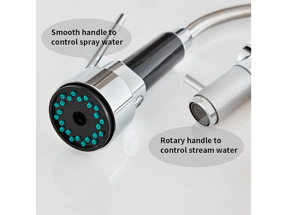 Verchroomde keukenmengkraan, uittrekbare douchekop met twee stralen keukenkraan flexibele hoge uitloop messing gootsteenkraan, koud/warm water