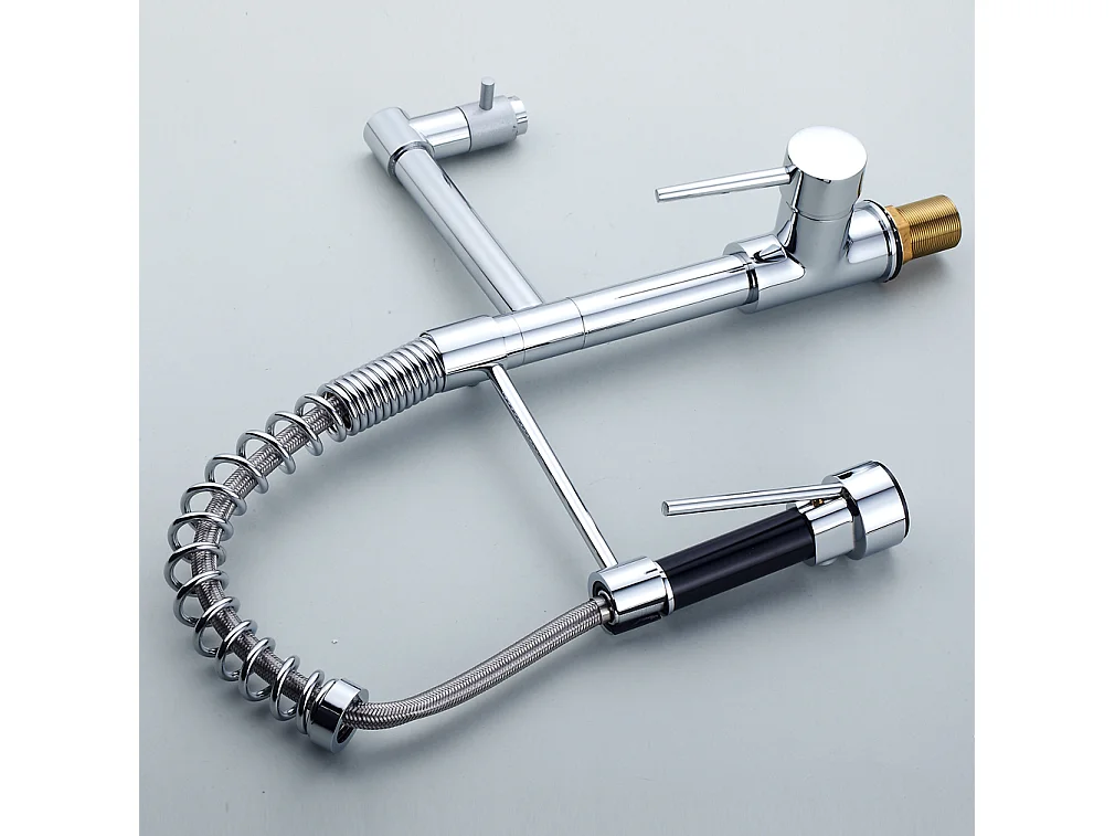 Verchroomde keukenmengkraan, uittrekbare douchekop met twee stralen keukenkraan flexibele hoge uitloop messing gootsteenkraan, koud/warm water