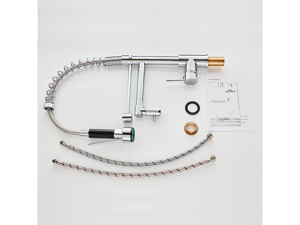Verchroomde keukenmengkraan, uittrekbare douchekop met twee stralen keukenkraan flexibele hoge uitloop messing gootsteenkraan, koud/warm water