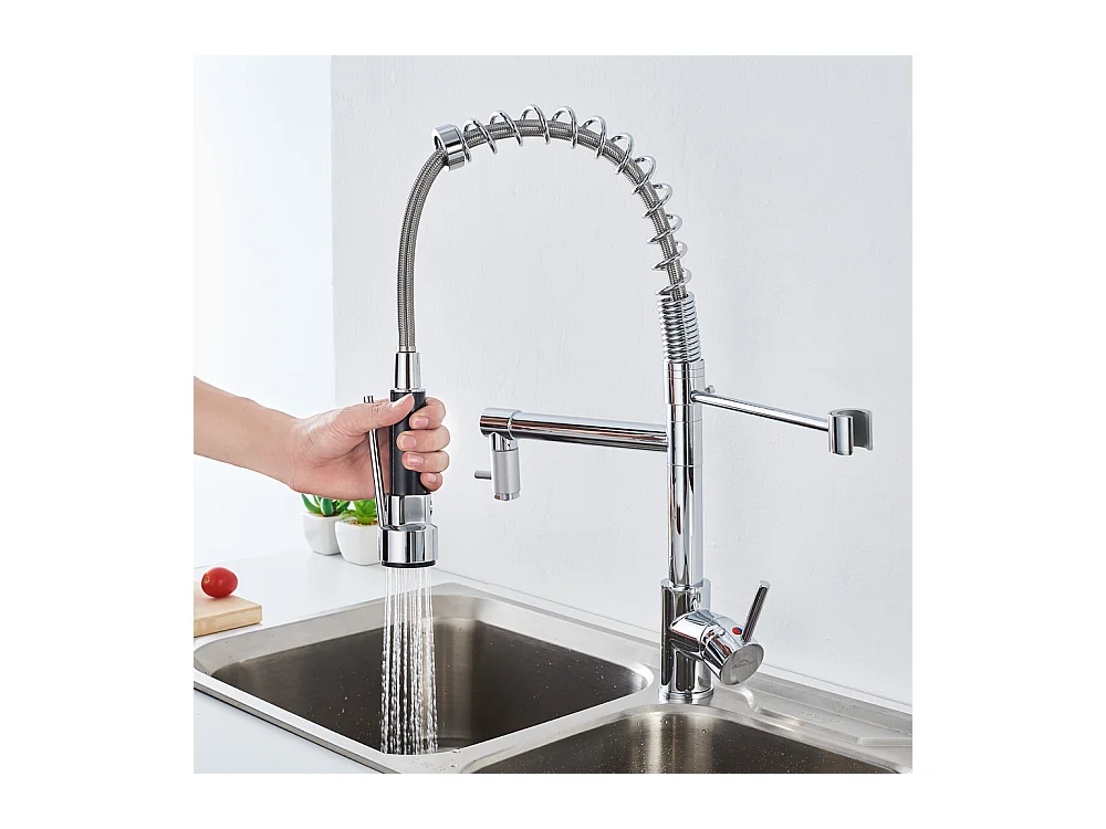 Mitigeur de Cuisine Chromé, Douchette Extractible à Deux Jets Robinet Cuisine Bec Haut Flexible Robinet d'évier en Laitone,Eau Froide/Chaude