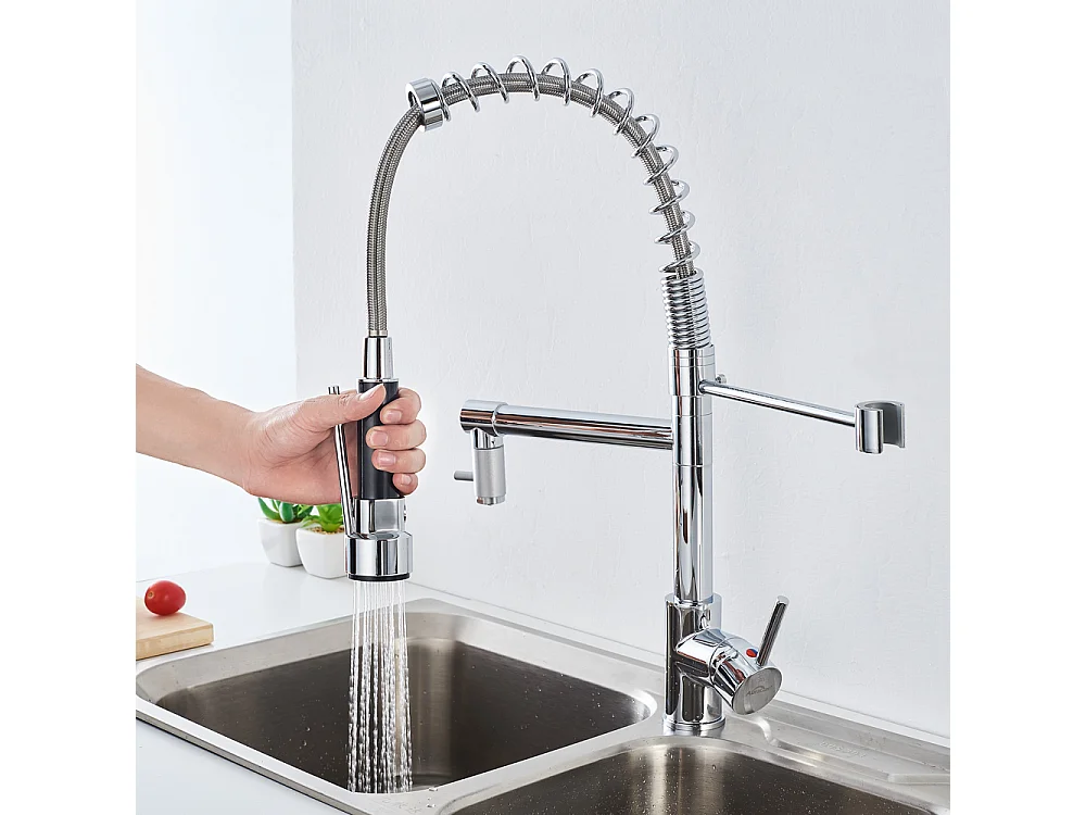 Mitigeur de Cuisine Chromé, Douchette Extractible à Deux Jets Robinet Cuisine Bec Haut Flexible Robinet d'évier en Laitone,Eau Froide/Chaude