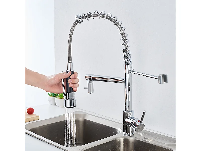 Mitigeur de Cuisine Chromé, Douchette Extractible à Deux Jets Robinet Cuisine Bec Haut Flexible Robinet d'évier en Laitone,Eau Froide/Chaude