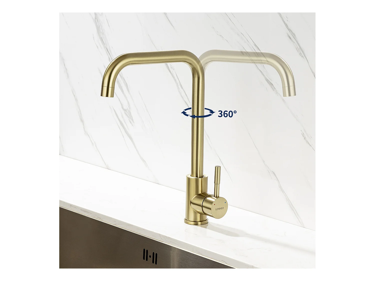 Küchenmischbatterie, 360° drehbarer flexibler Spültischhahn, Küchenmischbatterie aus Edelstahl mit abnehmbarem Luftsprudler, 7-Form, Gold