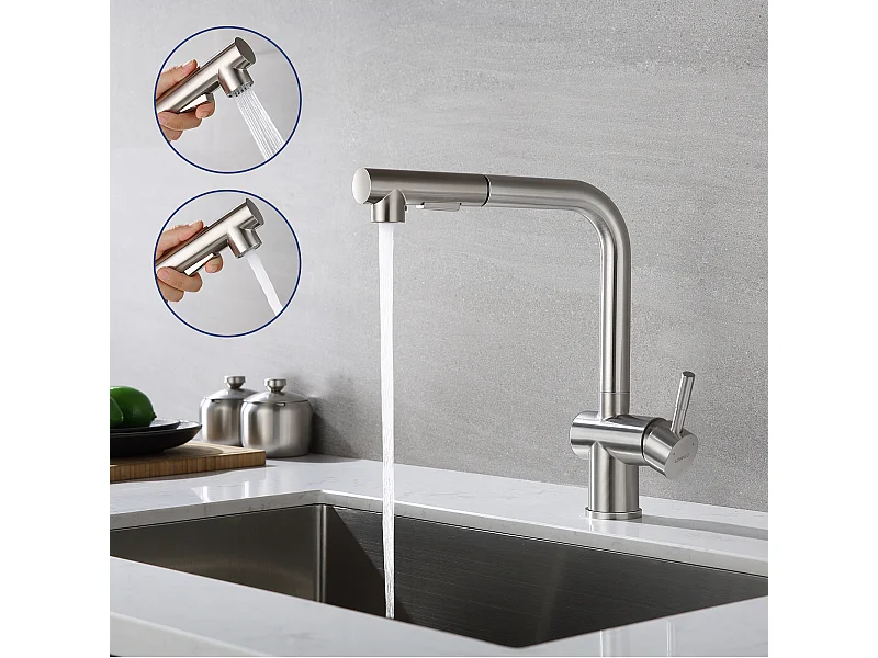 Mitigeur Cuisine avec Douchette Extractible Robinet d'évier à Deux Jets Robinetterie Cuisine en Acier Brossé Pivotant 360°,Barboteur Démotable