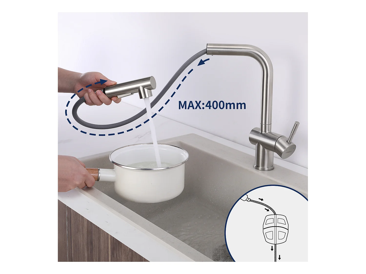 Keukenmengkraan met uittrekbare douchekop gootsteenkraan met twee stralen 360 ° draaibare geborstelde stalen keukenkranen, demonteerbare barmotor