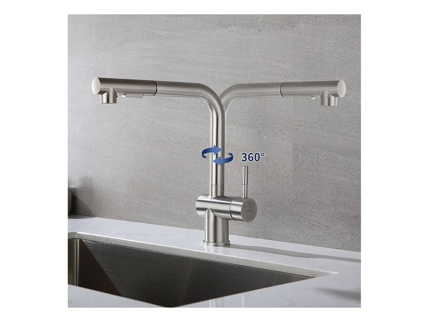 Keukenmengkraan met uittrekbare douchekop gootsteenkraan met twee stralen 360 ° draaibare geborstelde stalen keukenkranen, demonteerbare barmotor