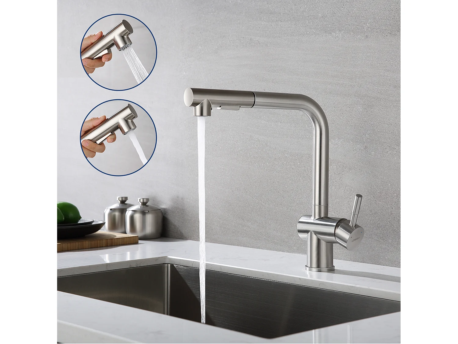 Miscelatore Cucina con Doccia Estraibile Rubinetto Lavello a Due Getti Rubinetti Cucina in Acciaio Spazzolato Girevole a 360°