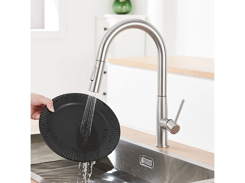 Robinet Cuisine Douchette,MitigeurCuisine avec Douchette, Robinetterie Cuisine avec Douchette Extractible Rotatif360° Eau Froide/Chaude,Brossé