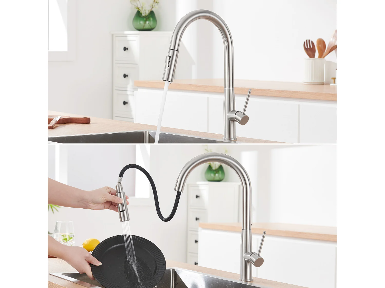 Robinet Cuisine Douchette,MitigeurCuisine avec Douchette, Robinetterie Cuisine avec Douchette Extractible Rotatif360° Eau Froide/Chaude,Brossé