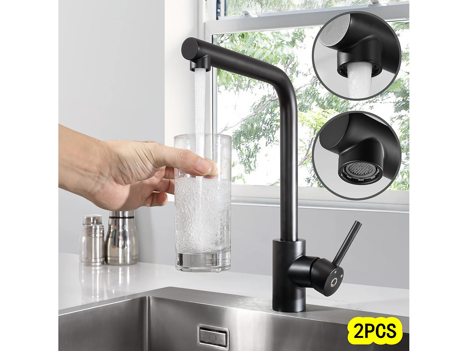 Cecipa max 2PCS 360° draaibare keukenkraan spoelbakmengkraan met verwijderbare beluchter aanrechtkraan koud en warm water ZWART, EU-model