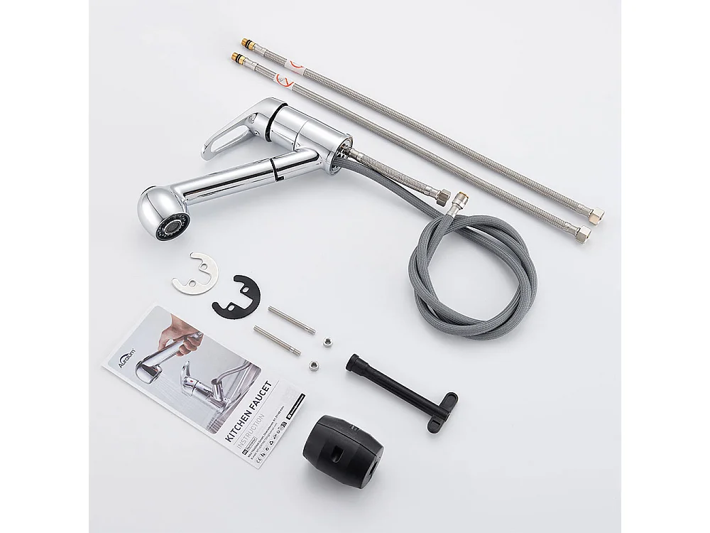 AuraLum Max Küchenmischbatterie, Küchenarmatur aus Messing, Spültischarmatur mit ausziehbarer Brause, 2 Düsen, Kalt-/Warmwasser, Chrom, EU-Modell