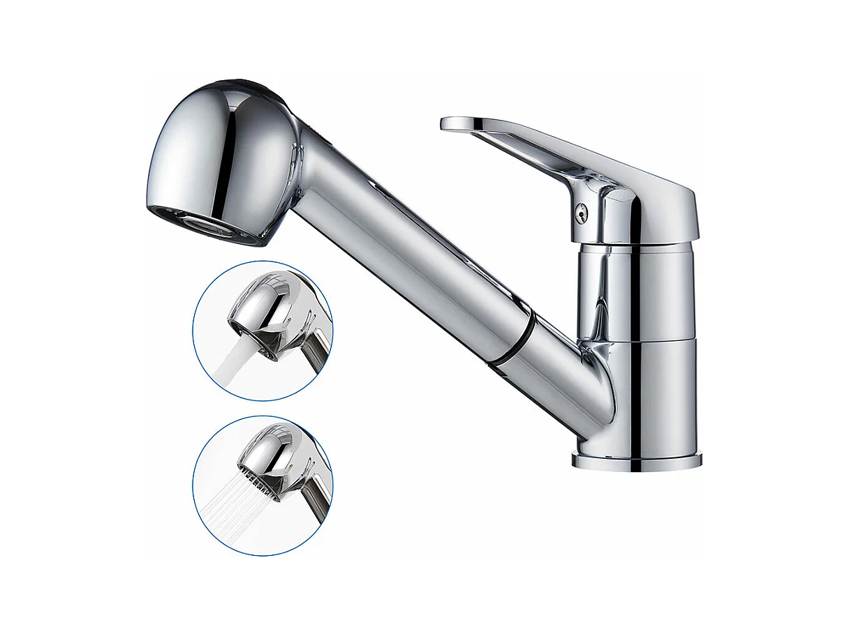 AuraLum Max Keukenmengkraan,Messing Keukenkraan,Spoelbakmengkraan Met Uittrekbare Douchekop 2 Jets,EaU Koud/Warm Verchroomd,EU Model
