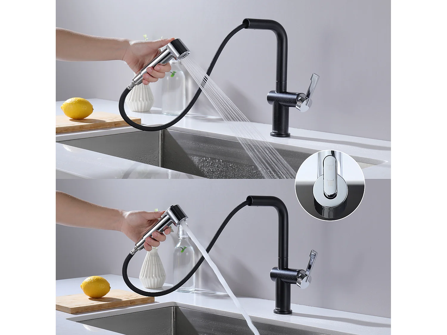 Cecipa max Robinet de Cuisine Noir + Galvanique avec 40 CM Douchette Extractible Mitigeur Cuisine à 2 Jets Eau Froide et Chaude,EU Modèle