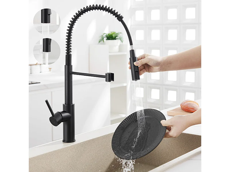 Cecipa max Spring Küchenarmatur mit 2 Wasserauslaufmodi, Spültischarmatur mit ausziehbarer Brause, 360° schwenkbarer Wasserhahn, Schwarz, EU-Modell