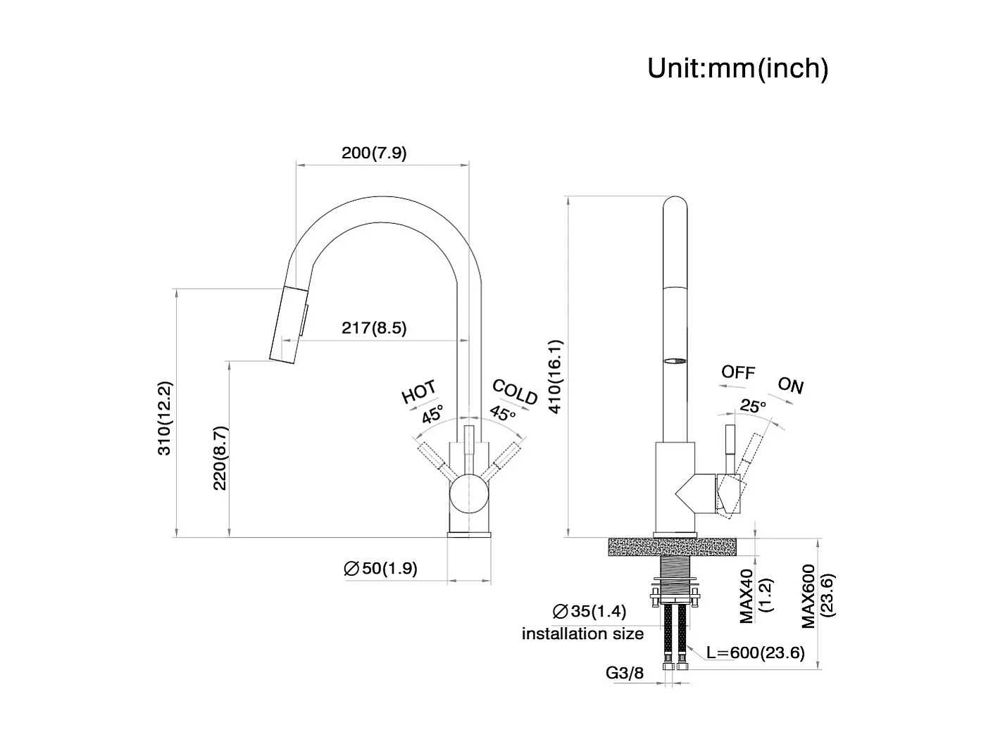 Mitigeur de Cuisine avec Douchette Extensible Rotatif à 360° 2 Modes de Pulvérisation Chaude/Froide Robinetterie Évier Acier Inoxydable-Brossé