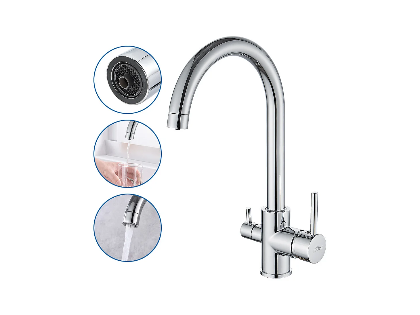 Auralum max Mitigeur de Cuisine 3 Voies,Robinet Cuisine Pivotant à 360°,Robinetterie Cuisine Eau Potable,avec Sortie Eau Filtrée,Acier Inoxydable