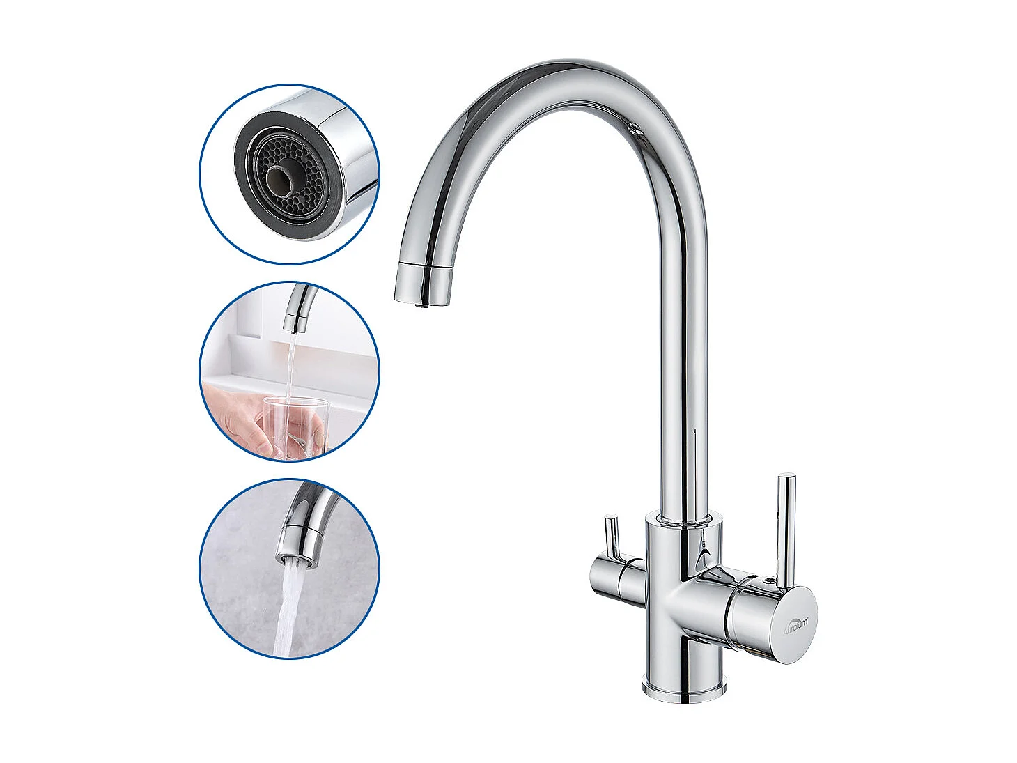 Auralum max Mitigeur de Cuisine 3 Voies,Robinet Cuisine Pivotant à 360°,Robinetterie Cuisine Eau Potable,avec Sortie Eau Filtrée,Acier Inoxydable