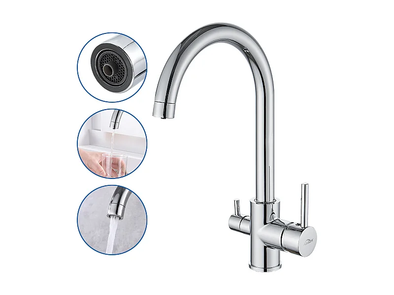 Auralum max Mitigeur de Cuisine 3 Voies,Robinet Cuisine Pivotant à 360°,Robinetterie Cuisine Eau Potable,avec Sortie Eau Filtrée,Acier Inoxydable