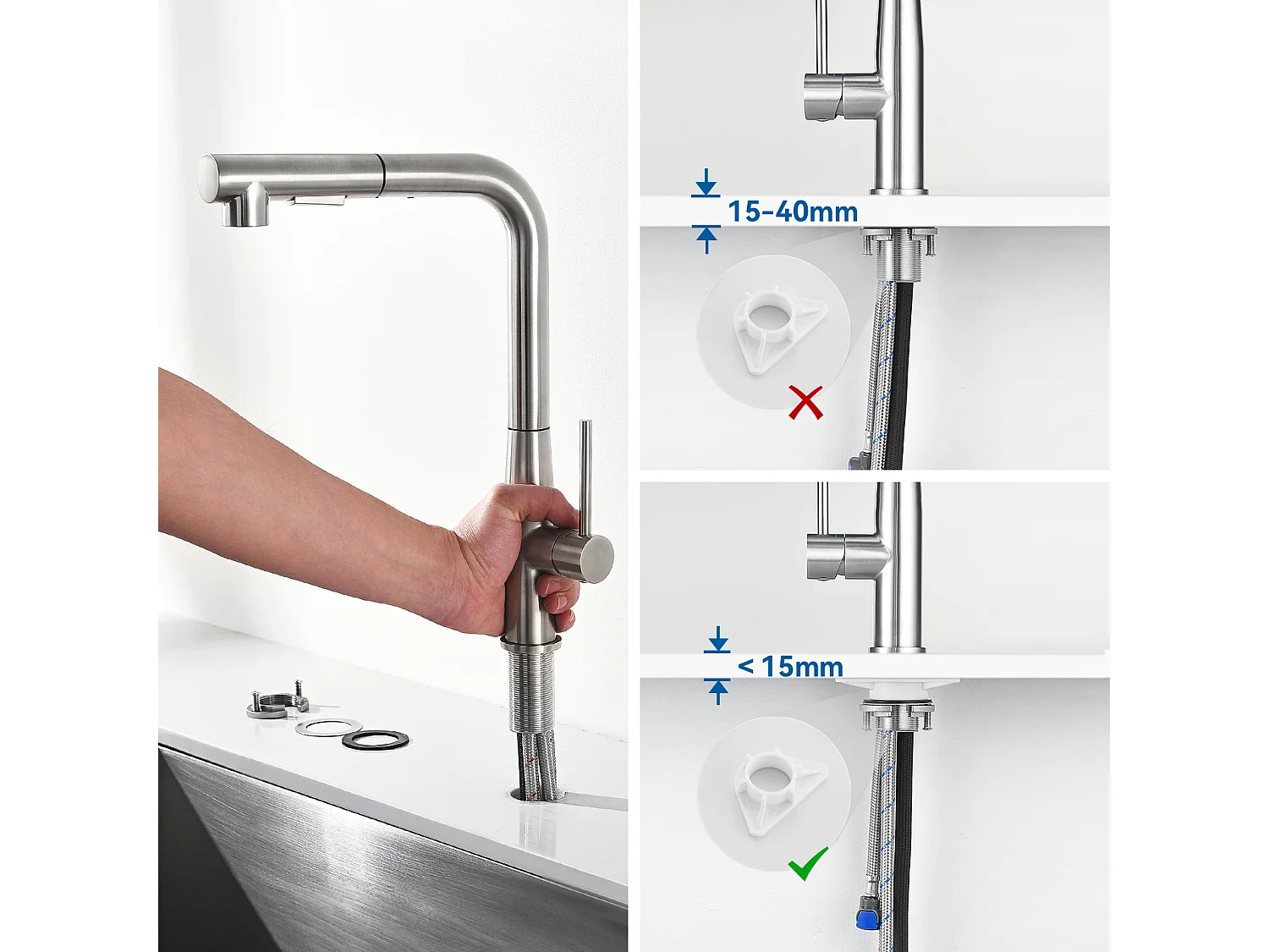 2PCS AURALUM MAX Mitigeur Cuisine,Robinet d'Évier Inox avec Douchette Extractible,2 Modes Jets Eau Froide/Chaude Rotatif à 360°,Bec en Forme L,Brossé