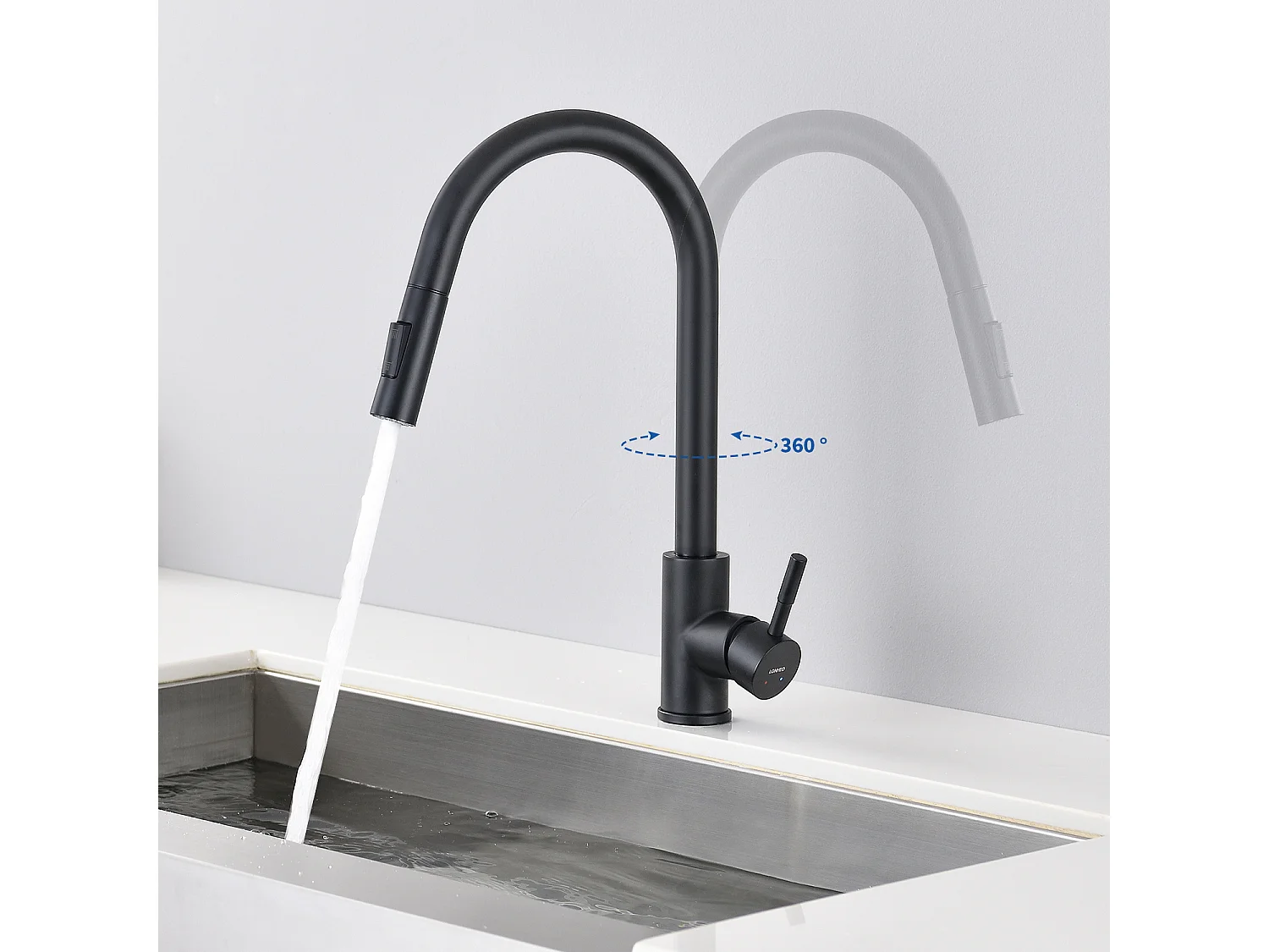 Küchenarmatur mit ausziehbarer Brause, mattschwarz, 360° drehbar, Küchenspüle Wasserhahn aus Edelstahl, 2 Funktionen, Küchenmischbatterie