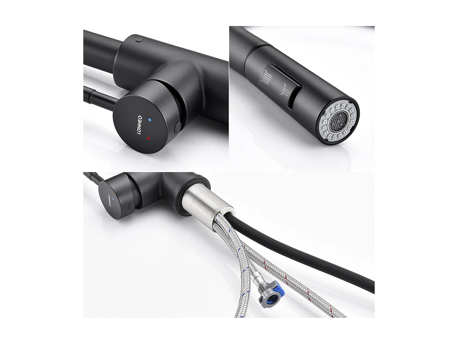 Küchenarmatur mit ausziehbarer Brause, mattschwarz, 360° drehbar, Küchenspüle Wasserhahn aus Edelstahl, 2 Funktionen, Küchenmischbatterie