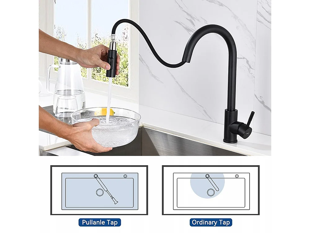 Küchenarmatur mit ausziehbarer Brause, mattschwarz, 360° drehbar, Küchenspüle Wasserhahn aus Edelstahl, 2 Funktionen, Küchenmischbatterie