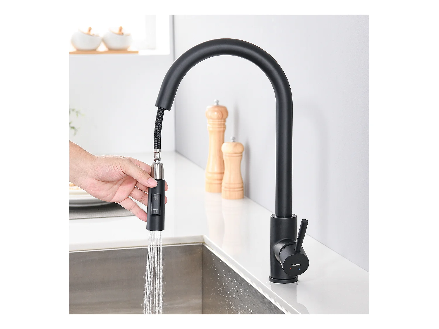 Mitigeur Cuisine avec Douchette Extractible Noir mat Rotatif à 360 °en Acier Inoxydable Robinet Cuisine d'Évier 2 Fonctions Mélangeur Cuisine