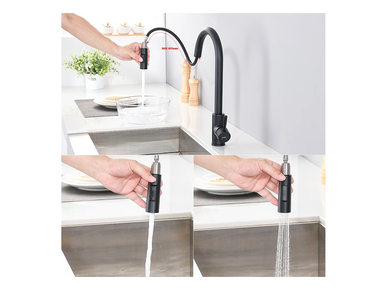 Mezclador Cocina con Ducha Extraíble Negro mate Rotativo a 360 °eN Acero Inoxidable Grifo Cocina Fregadero 2 Funciones Mezclador Cocina