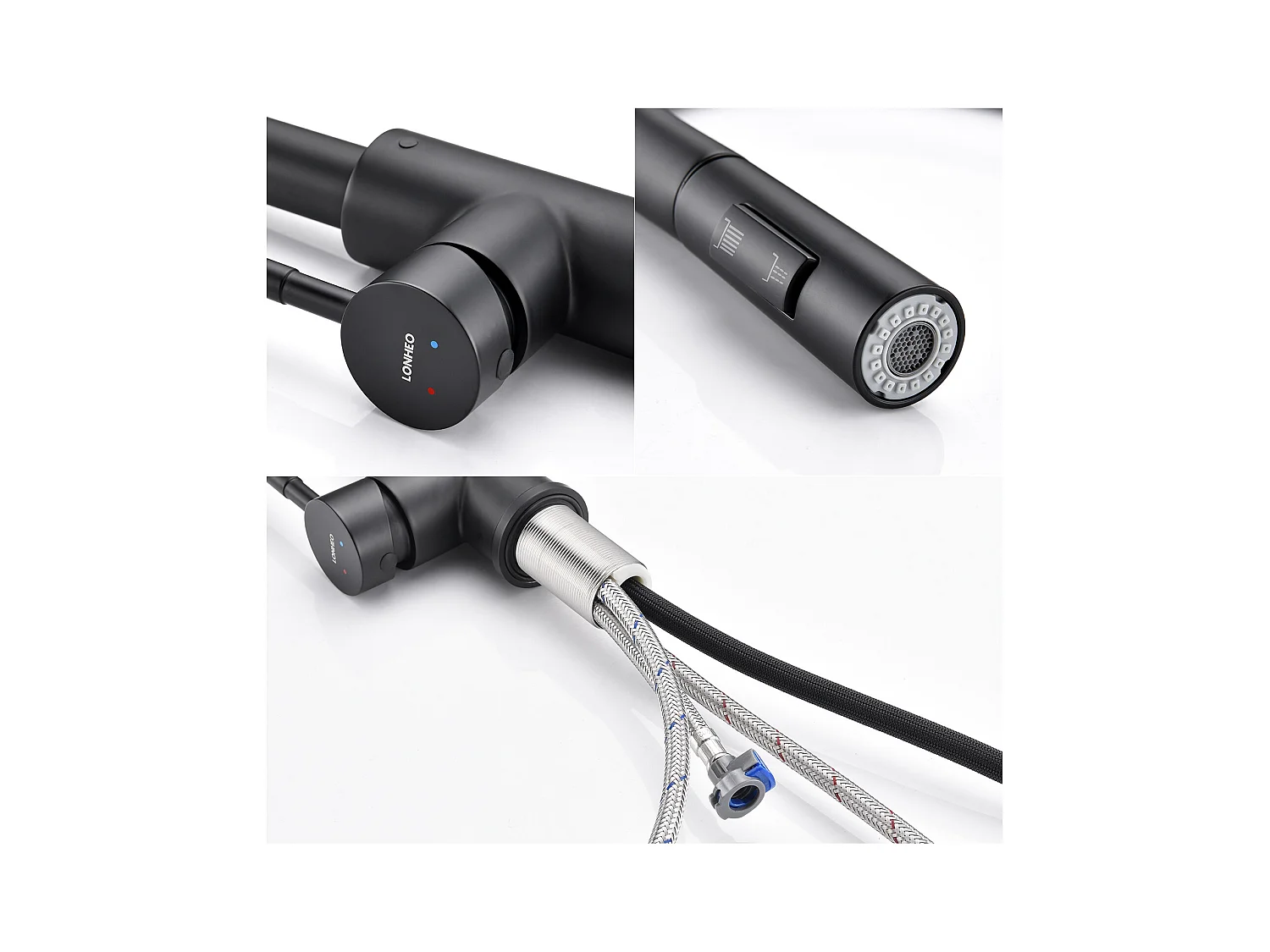 Mezclador Cocina con Ducha Extraíble Negro mate Rotativo a 360 °eN Acero Inoxidable Grifo Cocina Fregadero 2 Funciones Mezclador Cocina