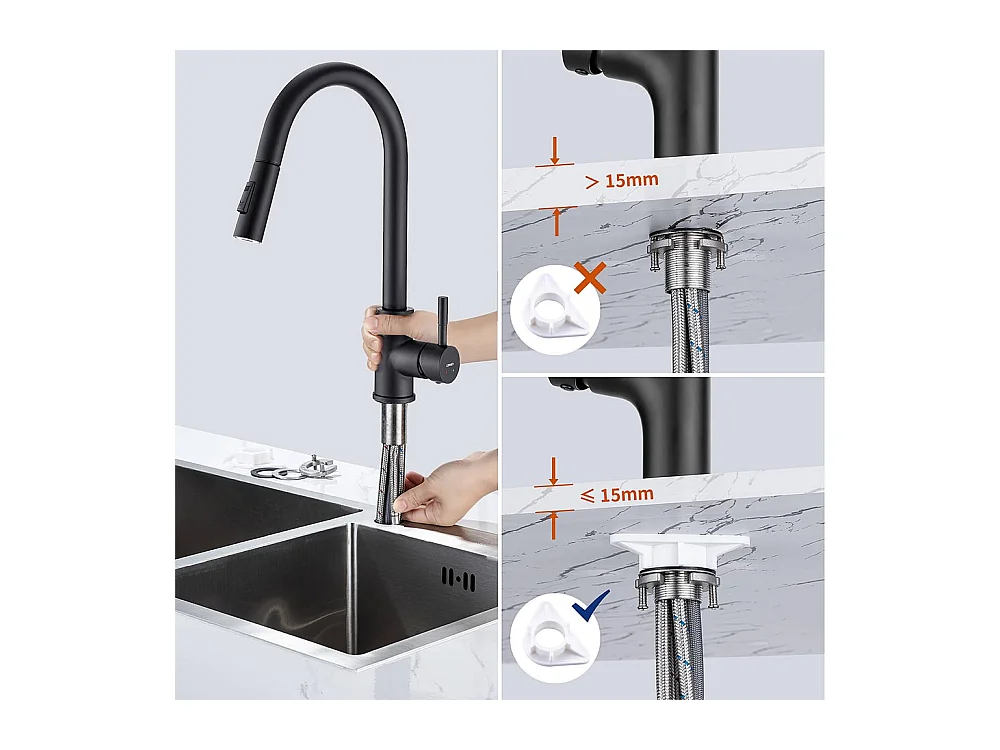 Mezclador Cocina con Ducha Extraíble Negro mate Rotativo a 360 °eN Acero Inoxidable Grifo Cocina Fregadero 2 Funciones Mezclador Cocina