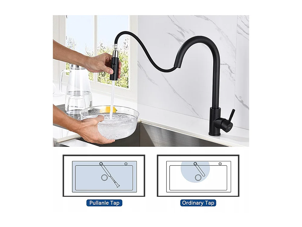Mezclador Cocina con Ducha Extraíble Negro mate Rotativo a 360 °eN Acero Inoxidable Grifo Cocina Fregadero 2 Funciones Mezclador Cocina