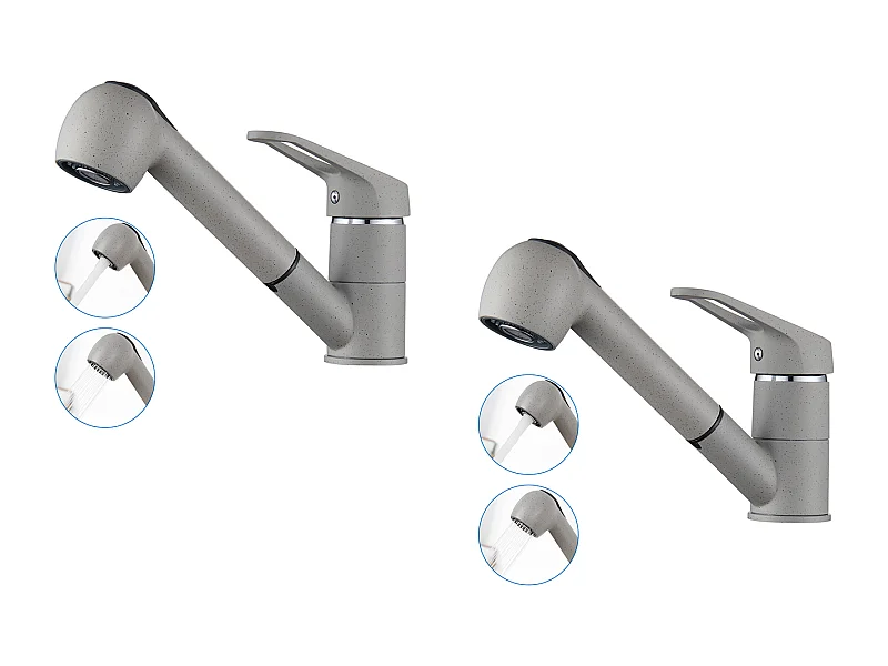 2 STKS AURALUM MAX Keukenkraan met Uittrekbare Handdouche 2 Strals WastafelmengkraanIton 360° Draaibare Kranen Koud/Warm Water, Granietgrijs