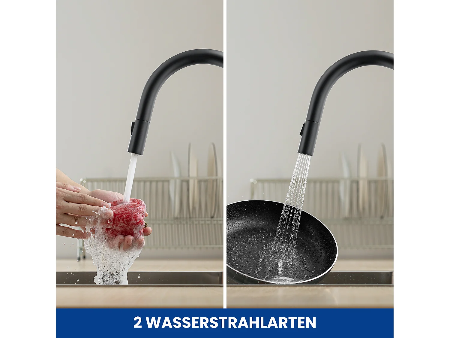 Cecipa max Zwarte Keukenmengkraan met Uittrekbare Sproeier - RVS Keukenkraan - Spoelbakmengkraan met 2 Soorten Waterstraal, EU-model