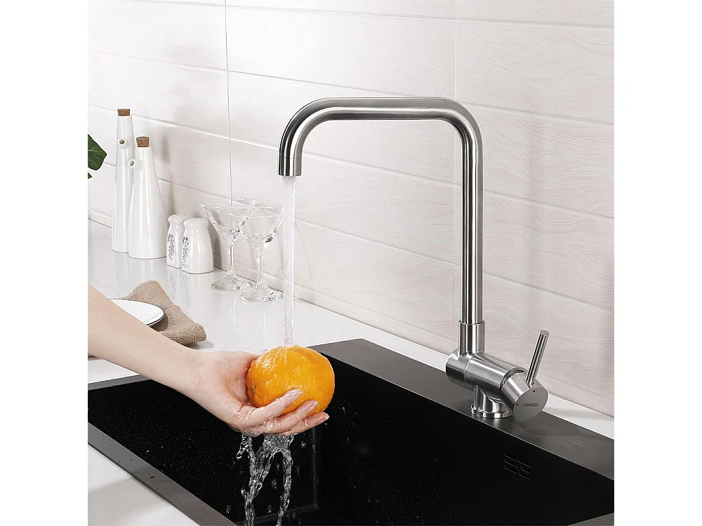 Mezclador de Cocina Plegable Girante a 360°, Grifo de Cocina con Mango Plegable Contra Ventana, Grifo Mezclador Fregadero Acero Inox 304