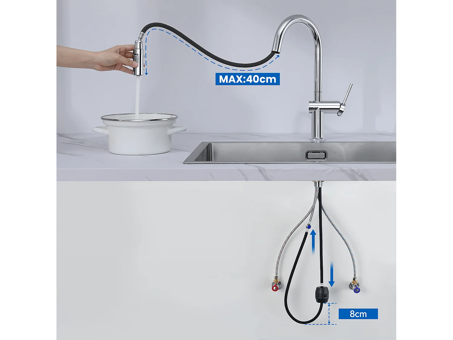 Uittrekbare Handdouche Keukenmengkraan, met 2 Functies 360° Draaibare Keukenkraan, Roestvrij Staal, Koud en Warm Water, Verchroomd